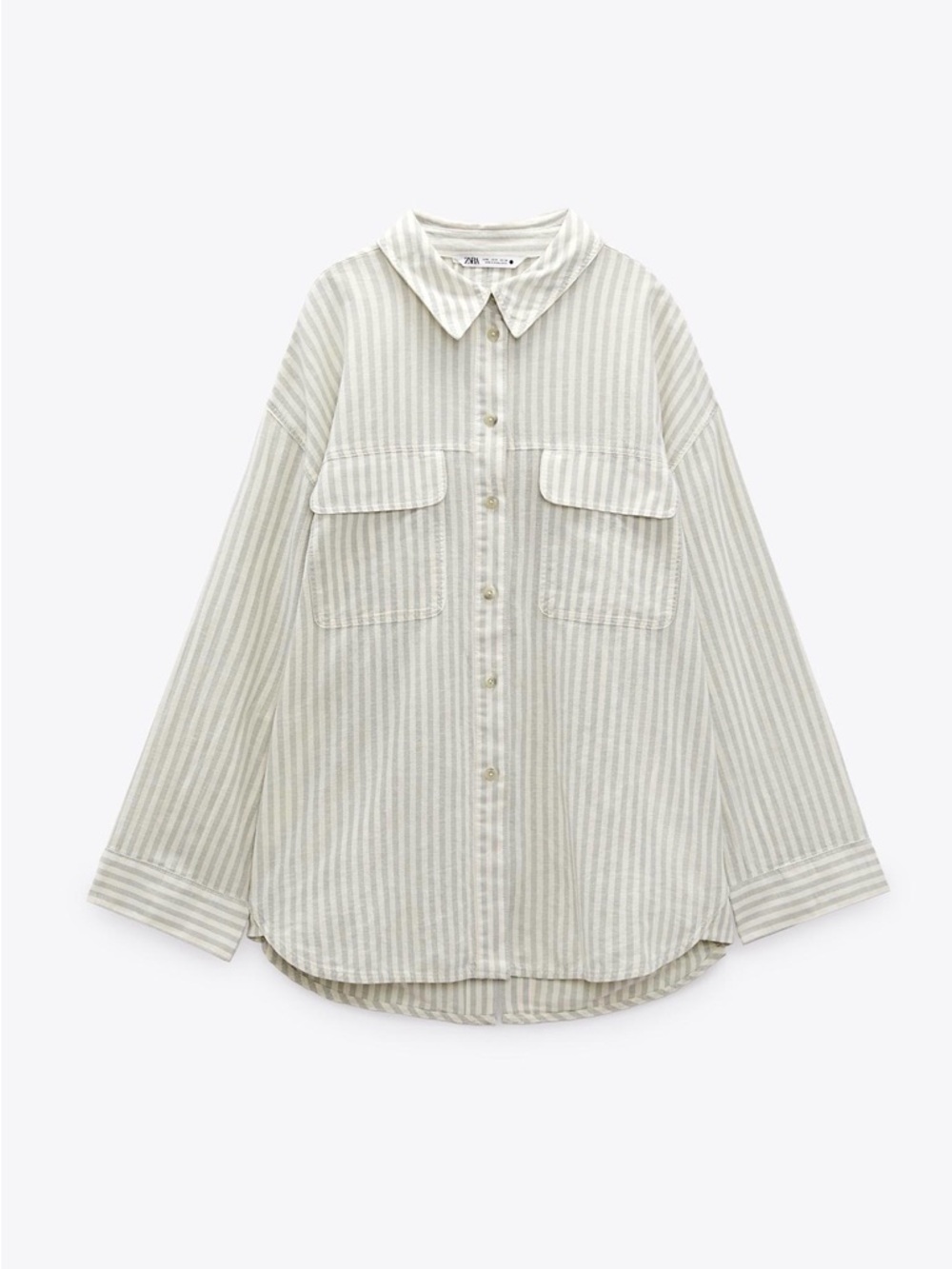 Zara Striped Button-Up Shirt Jacket in Sage and White